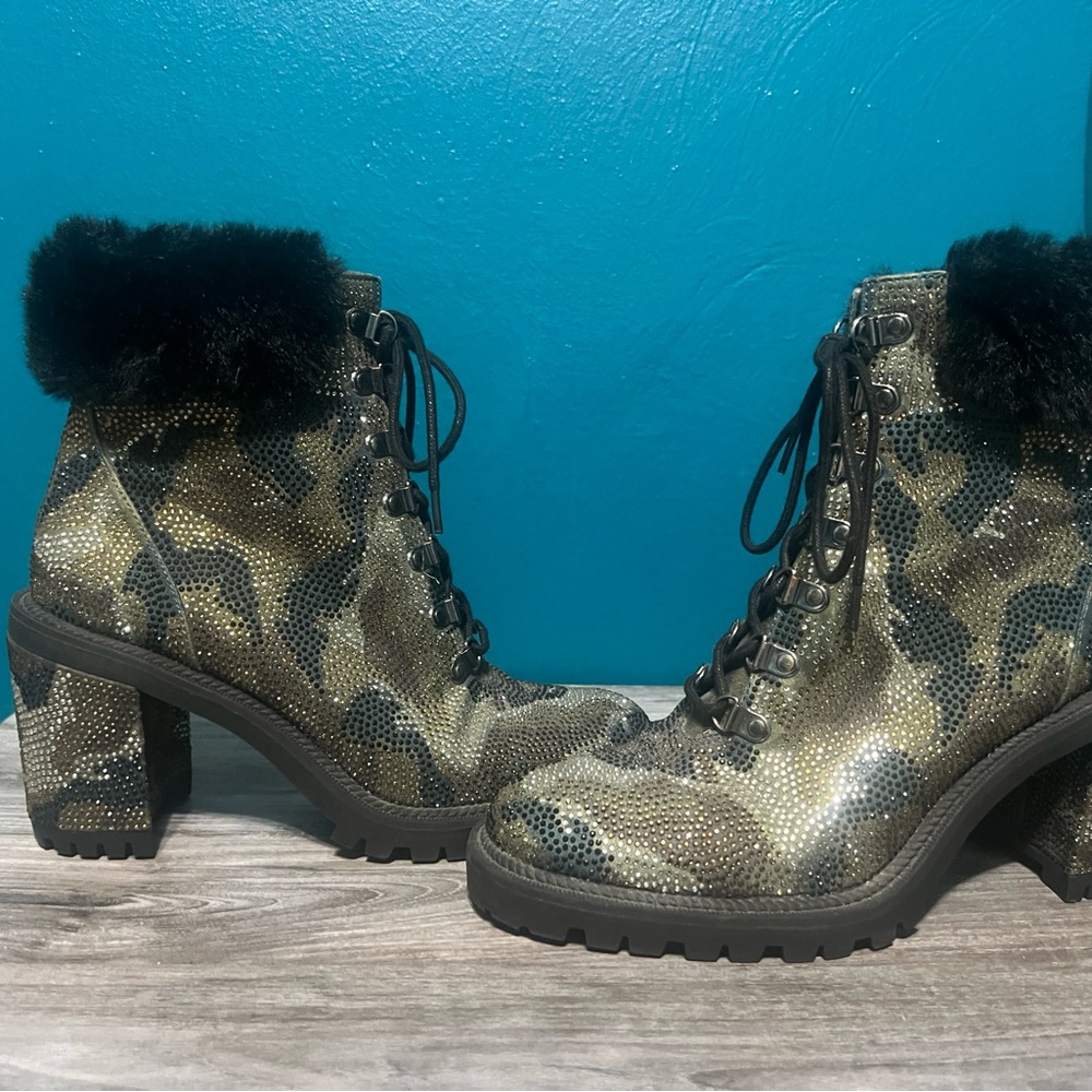 Jessica Simpson Camouflage Lace-Up Boots with Black Fur Trim